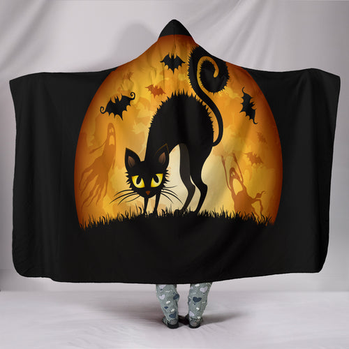 Black Cat Halloween Plush Hooded Blanket